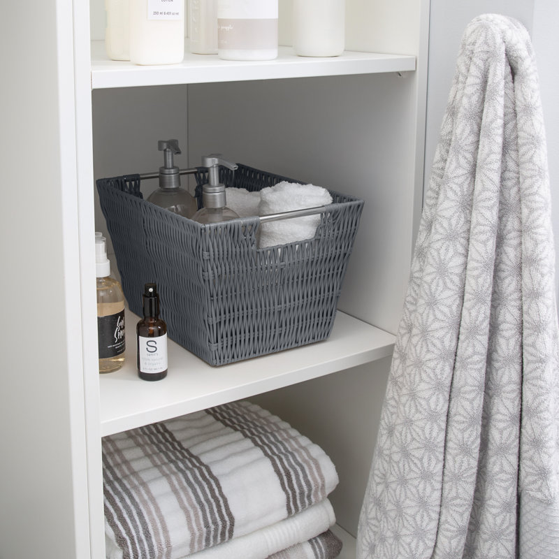 Charcoal Gray Rectangular Rattan Storage Basket with Handles
