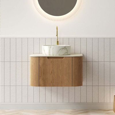 Meuble-lavabo de salle de bain 24 po avec lavabo, meuble de rangement mural rayé à bords arrondis avec tiroir, lavabo en céramique avec motif de pierre, pré-assemblé