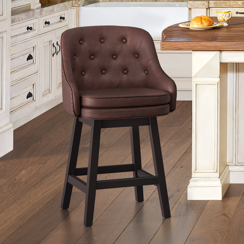 Chela Upholstered Button-Tufted Barstool with Solid Wood Frame, Reddish Brown Seat/Espresso Frame