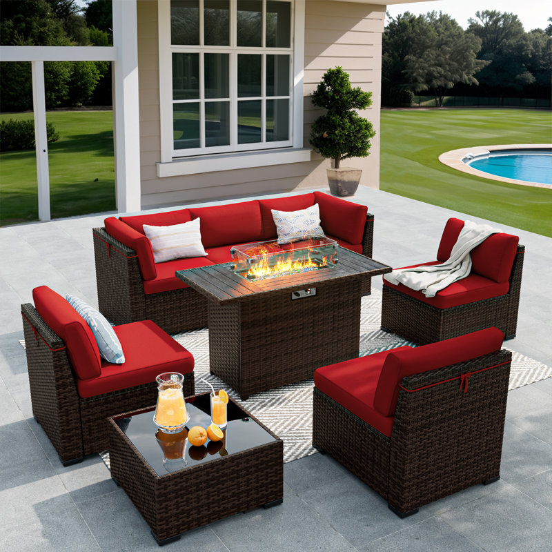 Treyshun Wicker 6-Person Sectional Conversation Sets with Cushions, Wine, Yes