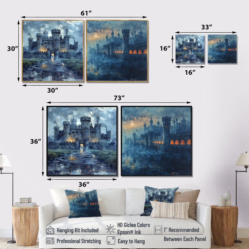 «Blue Middle Ages Castle At Night I» - Fortress Wall Decor - Art mural industriel 2 pièces, H 30 po x l 61 po, Argent argent