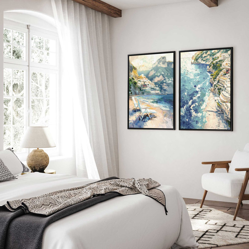 " Positano Beachfront Serenade " by Azure Artisanal Studio 2 - Pieces, Satin Black Floater Framed, 48" H x 64" W x 1.75" D