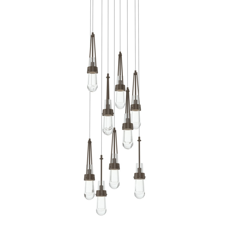 Luminaire suspendu 9 lumières Link, Bronze, Long: 19" to 130", Verre transparent