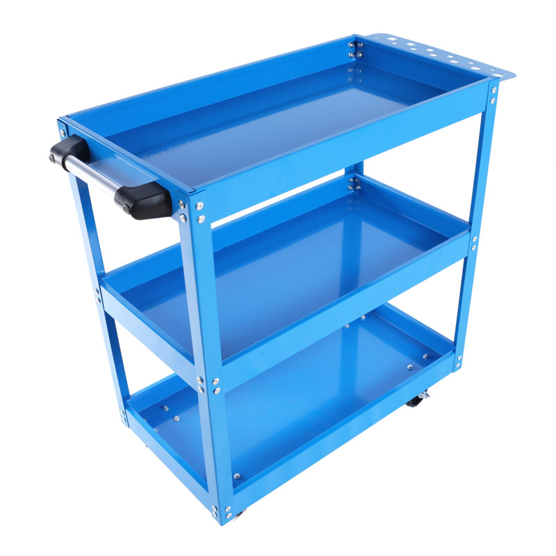 Chariot à outils sur roulettes, chariot à outils à 3 niveaux, chariot utilitaire en acier robuste avec roues verrouillables, chariot de service industriel d'une capacité de 450 lb pour garage, entrepôt, atelier (bleu)
