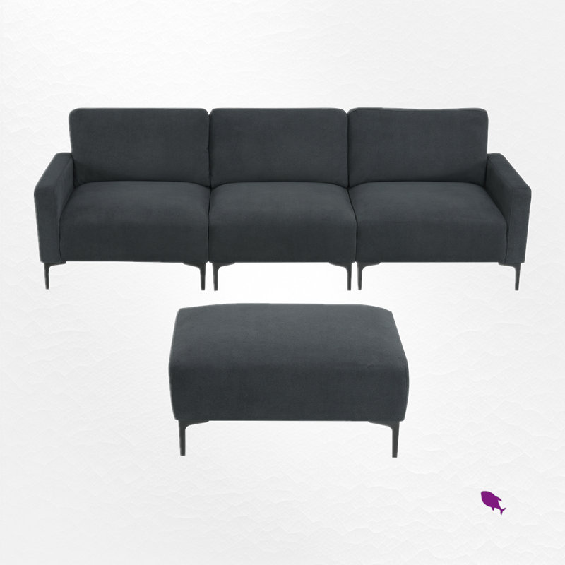 Keysan Velvet L-Shaped Sectional with Ottoman Reversible, Dark Gray Polyester Blend