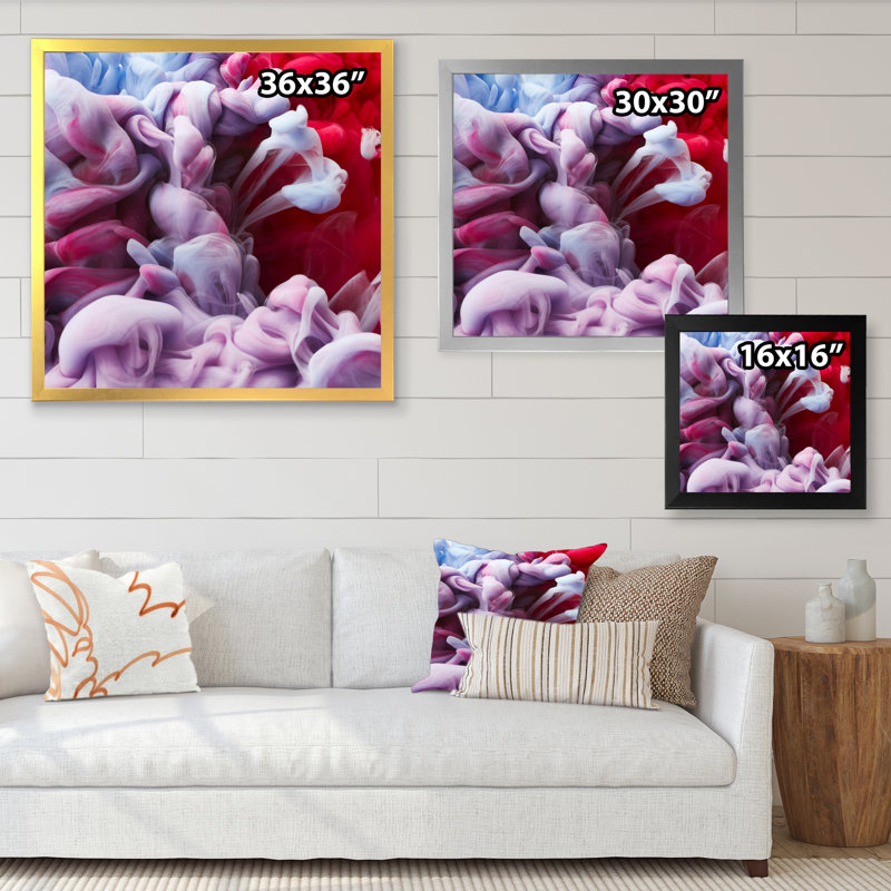 Encre rose et rouge liquide - Art mural moderne et contemporain sur toile, Cadre photo noir, H 16 po x l 16 po x P 1 po