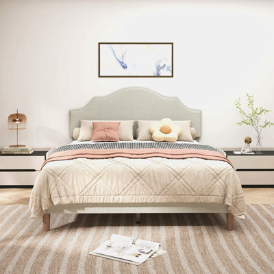 Lit plateforme Queen Size avec tête de lit réglable, revêtement en lin, style moderne et épuré, beige