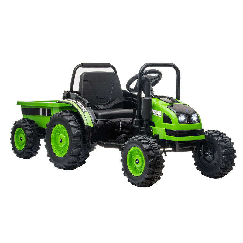 Tracteur 12 V pour enfants avec remorque, deux moteurs, télécommande, musique et lumières DEL, Vert