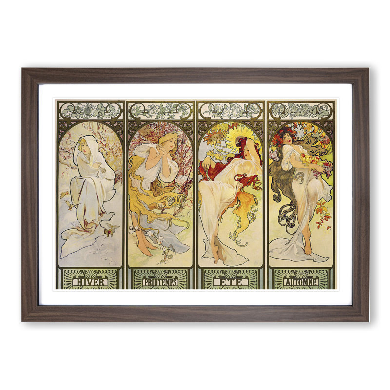 The Four Seasons by Alphonse Mucha - Picture Frame Painting on MDF, Walnut, 36cm H x 48cm W x 2cm D