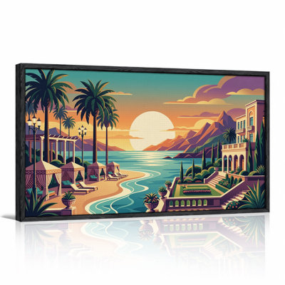 Tropical Beach Villa at Sunset with Palm Trees Canvas Wall Art