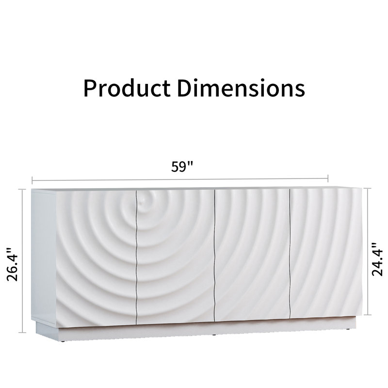 59" Sideboard with Spiral Grain Accent, 4-Door Modern Buffet Cabinet for Kitchen or Living Room Storage, White, White