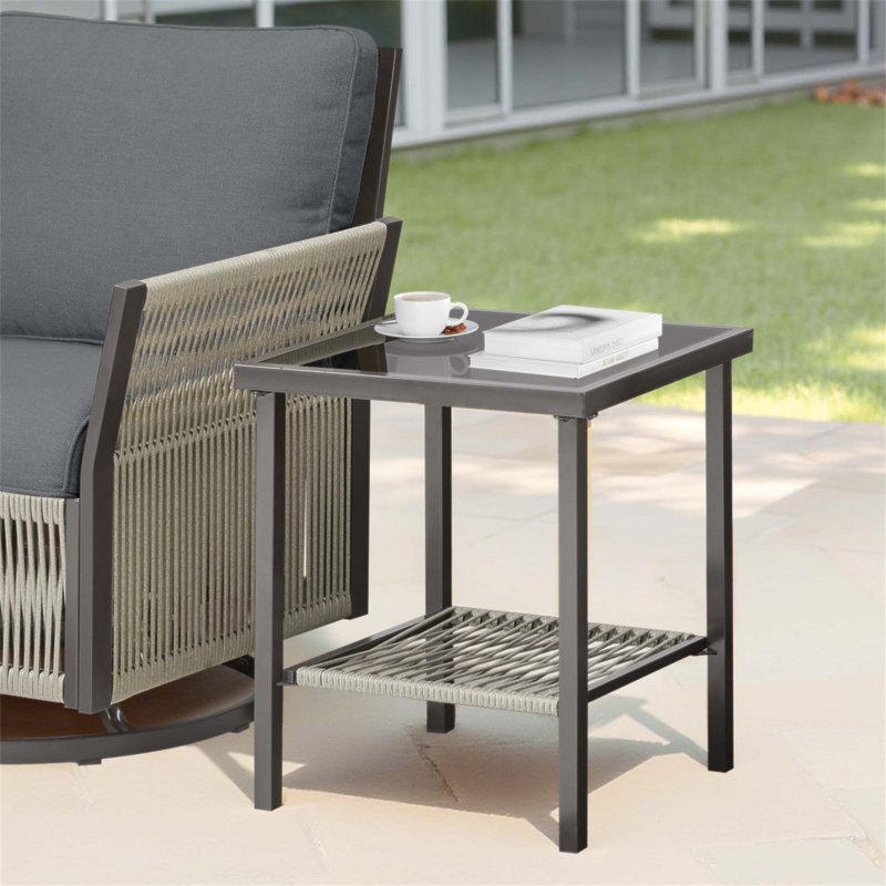 Durable Outdoor Wicker Side Table, All-Weather Rattan With Powder-Coated Steel Frame For Patio And Balcony Use