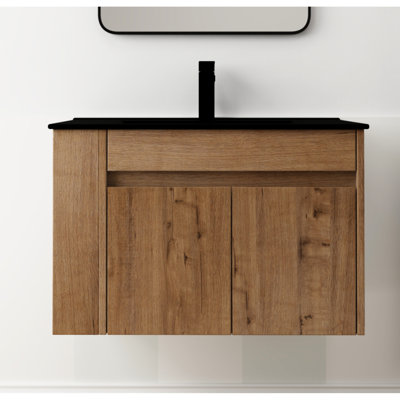Armoire de salle de bain 30 po avec lavabo en céramique noire et tablette ouverte ajustable - Rangement élégant et spacieux, poignées à bords inclinés à 45 °, meuble-lavabo compact de 30 po - base en contreplaqué,