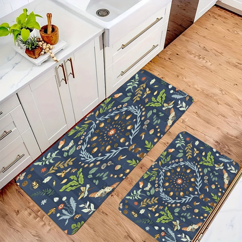 Tapis d'entrée pour la cuisine Woodland Nature, 2 pièces, bleu foncé / vert