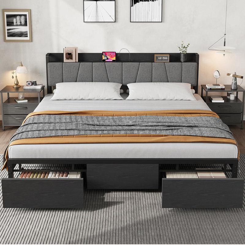 Bed with Storage Headboard, with 2 Large Drawers and Charging Station, No Box Spring Needed Bed, King