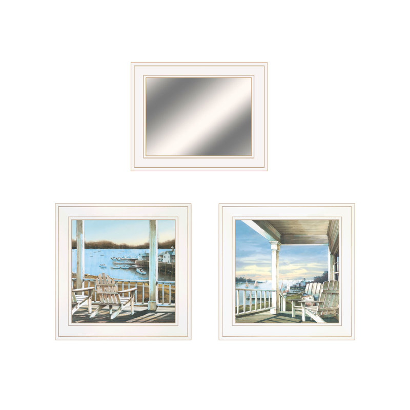 Set of Three White Framed Lake House Landscape Prints with Mirror