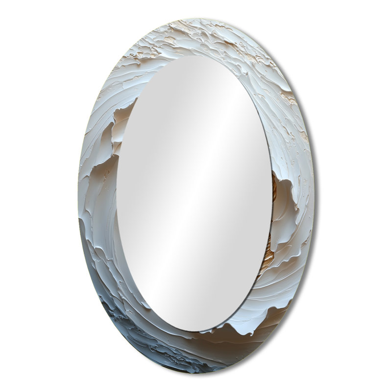 Beige And Whitee Sunrise Abstract Waves II - Abstract Oval Decorative Mirror On Metal, 36" x 24"