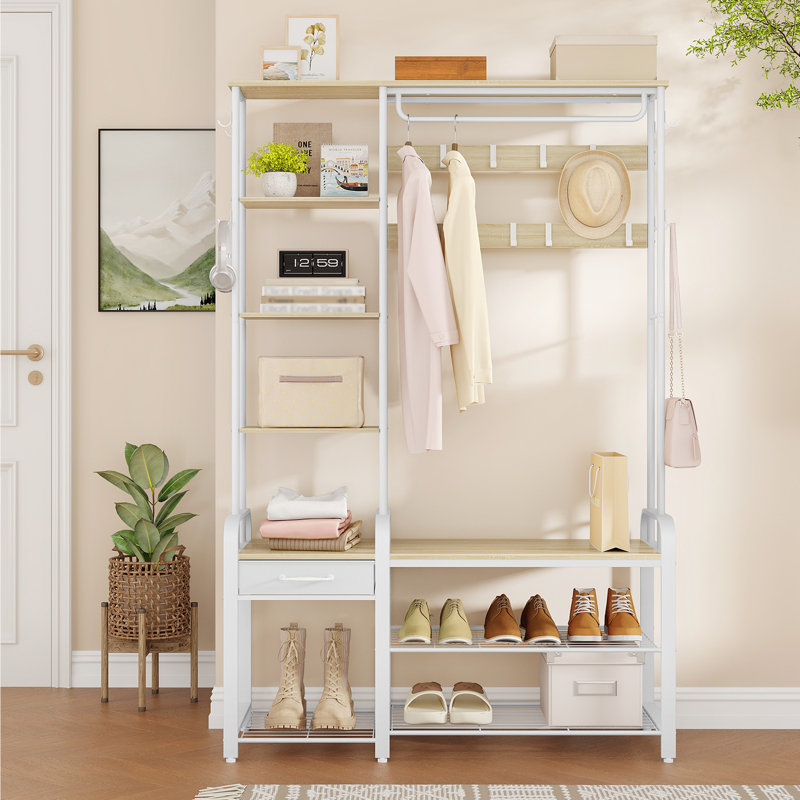 Coat Rack with Shoe Storage, Coat and Shoe Rack with 3-Tier Storage Bench and Drawer, 5-in-1 Hall Tree with 17 Hooks, Side Book Shelves for Bedroom, Hallway, Living Room 