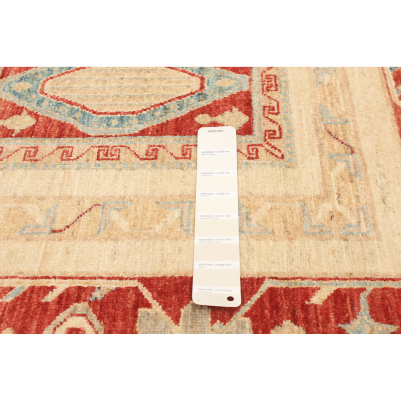 Tapis décoratif en laine noué à la main de conception unique 6 pi 10 po x 8 pi 3 po Ivoire/rouge/bleu