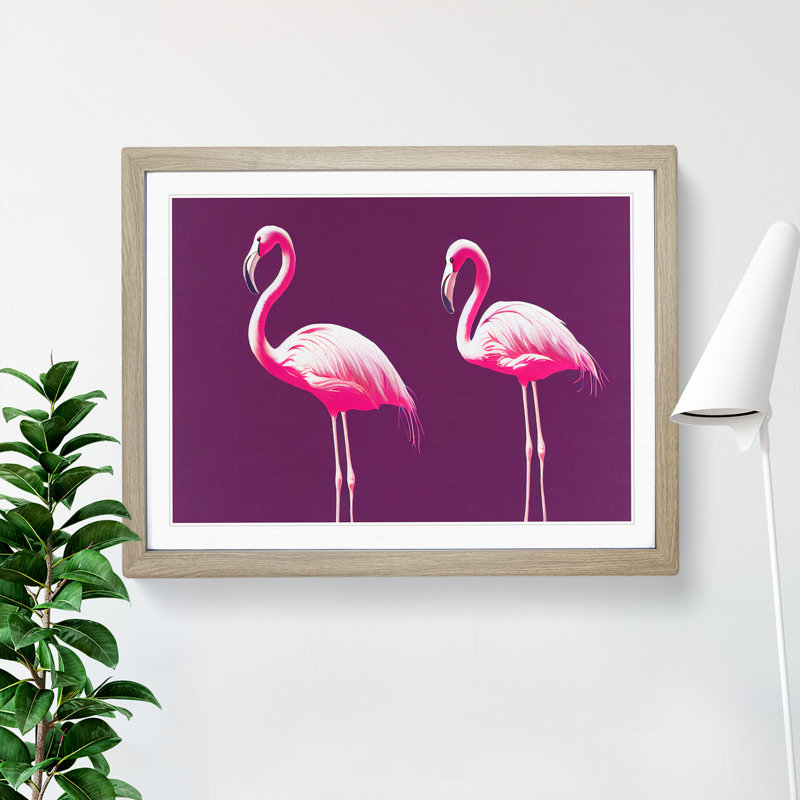 Flamingos - Single Picture Frame Print, 25cm H x 34cm W x 2cm D, Oak Framed