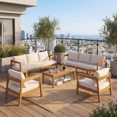 Outdoor 5-Piece Outdoor Acacia Wood Conversation Set With Slatted Tabletop & Cushions