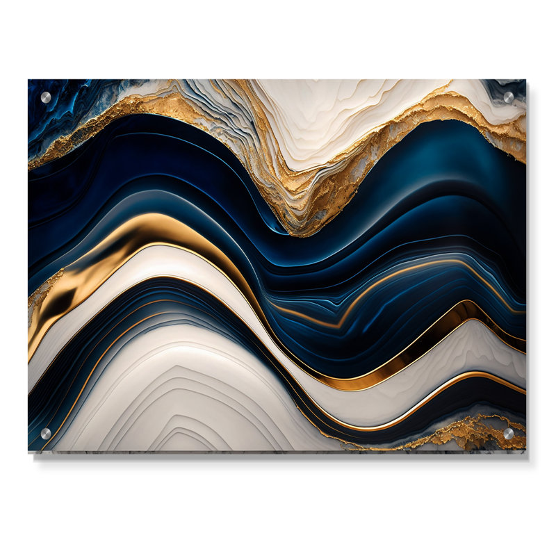 «Abstract Geode Waves Blue III» - Art mural abstrait en acrylique, H 12 po x l 20 po