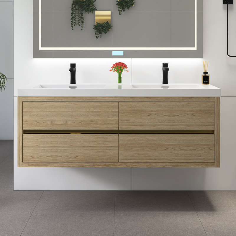 Meuble-lavabo mural 60 po avec lavabo, Bois de chêne naturel