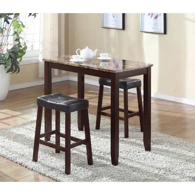 3-Piece Counter Height Glossy Print Marble Breakfast Table with Stools, Espresso