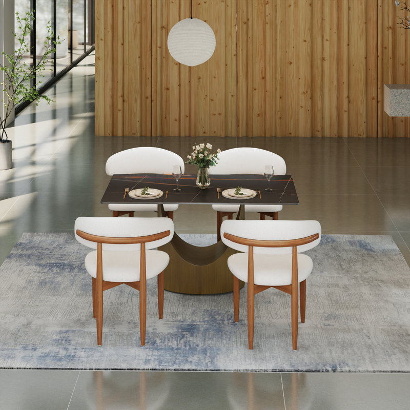 Fairy 5-Piece Modern Rectangular Sintered Stone Dining Table Set With 4 Solid Wood Chairs, Brown, Lauren Blackgold