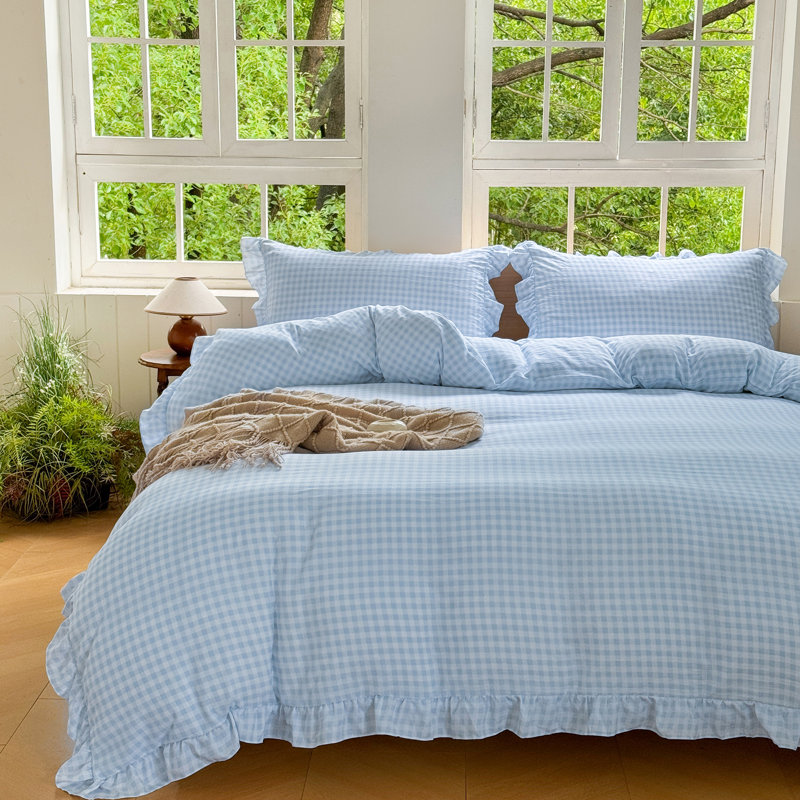 Ensemble de housse de couette à volants Gingham, ensemble de housse d'édredon à carreaux en microfibre prélavée