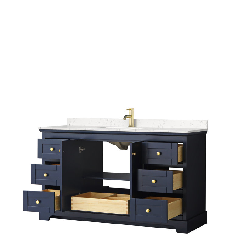 Avery 60'' Single Bathroom Vanity with Top, Light Vein Carrara Cultured Marble, Dark Blue, Brushed Gold