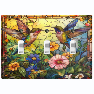 Couvercle de plaque d'interrupteur en métal; Impression sur panneau à bascule standard US 2 - Colibris avec fleurs vitrail