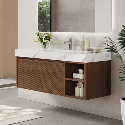 48" Wall Mount Rectangular Bathroom Vanity with Single Ceramic Sink, Sintered Stone Countertop, Fluted Wood Cabinet with Open Side Shelves & Large Storage