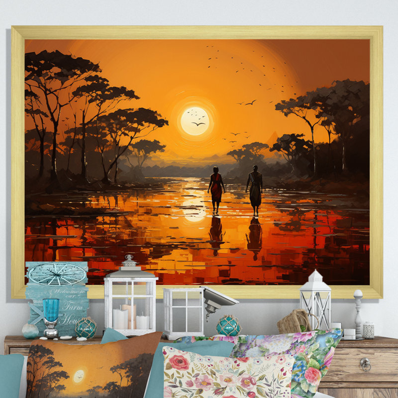 African Savannah Serenade VI - Art mural africain, Cadre doré simple, H 30 po x l 40 po x P 1,5 po