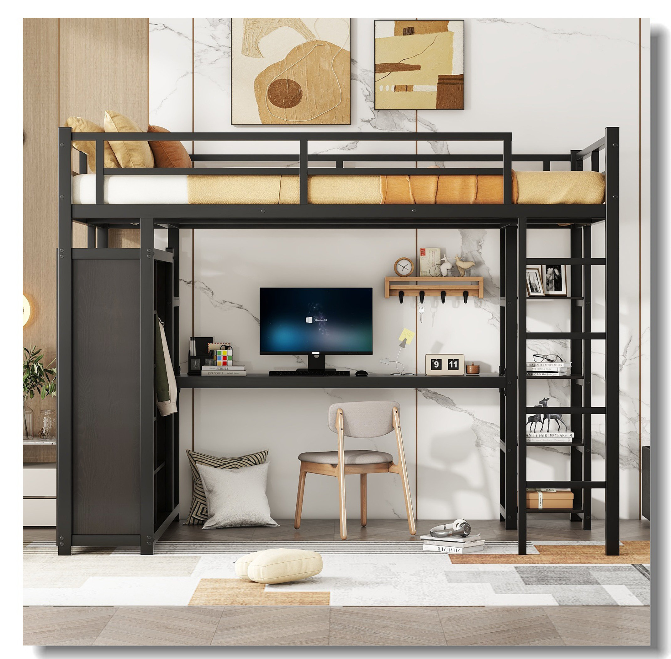Harriet Bee Metal Full Size Loft Bed With Desk,Shelves,Wardrobe ...