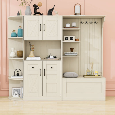 Versatile Hall Tree Combination with Storage Shelves, Hooks, Shoe Bench and Cabinet