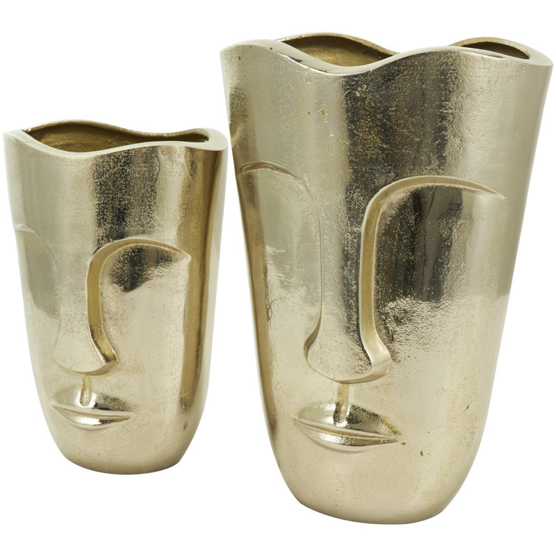 Aluminum Metal Face Gold Decorative Vase with Abstract Details Set