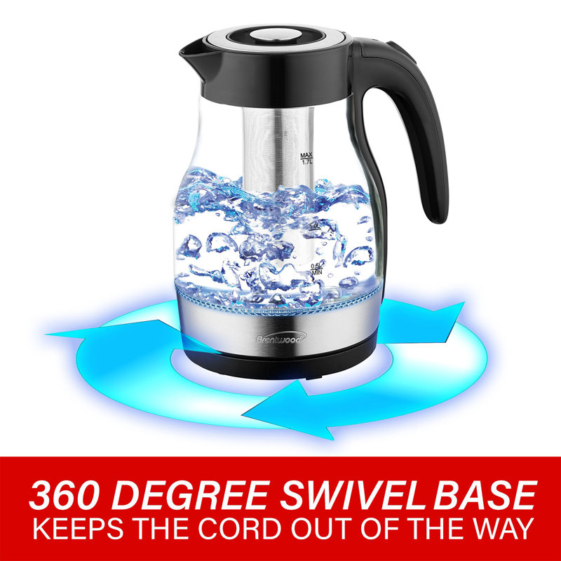 Brentwood 1.79 Quarts Glass Electric Tea Kettle, Black/Clear