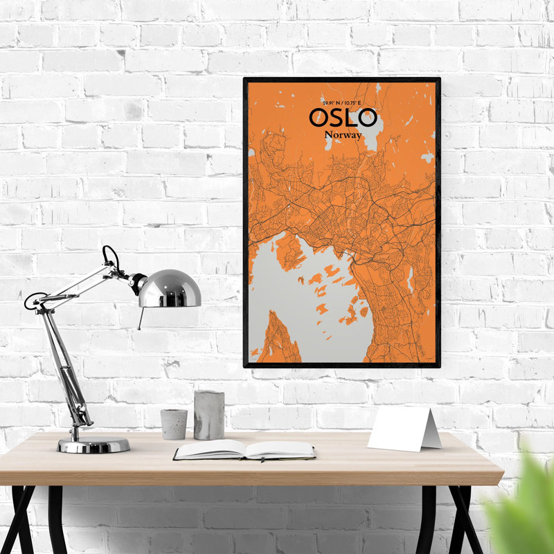 Oslo, carte de la ville, impression, H 36 po x l 24 po, Orange / gris