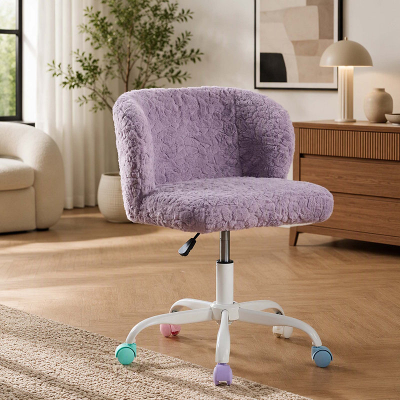 Fauteuil de bureau, fauteuil de bureau en poils de lapin artificiel avec base en métal, fauteuil de bureau pivotant réglable, fauteuil de coiffeuse (violet)