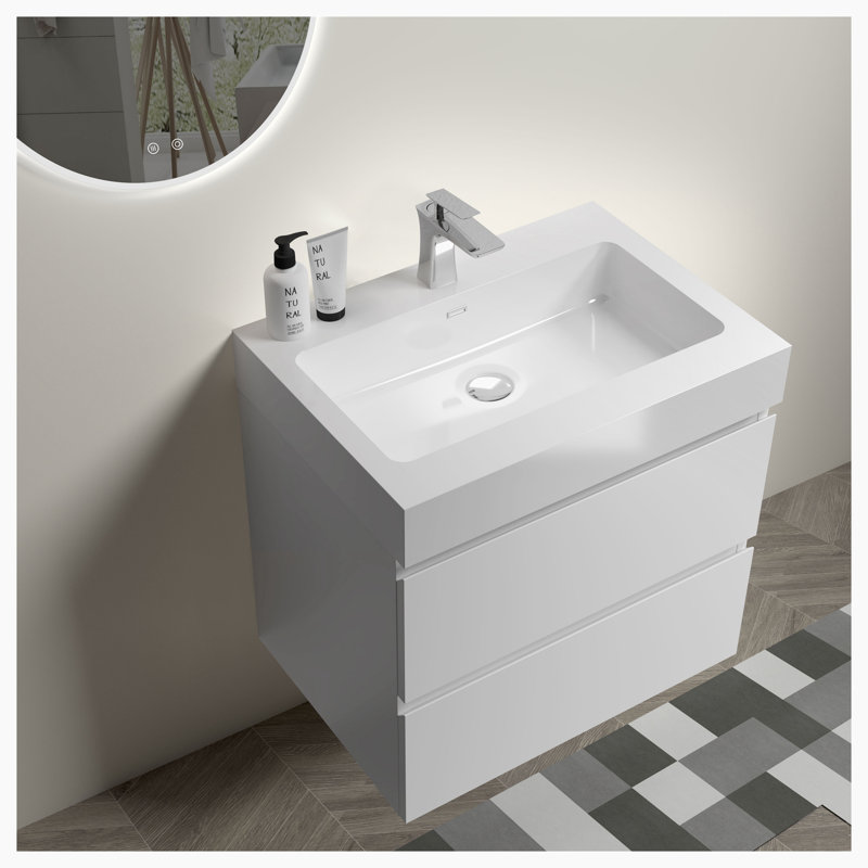 24'' Single Bathroom Vanity with Solid Surface Top, White, White