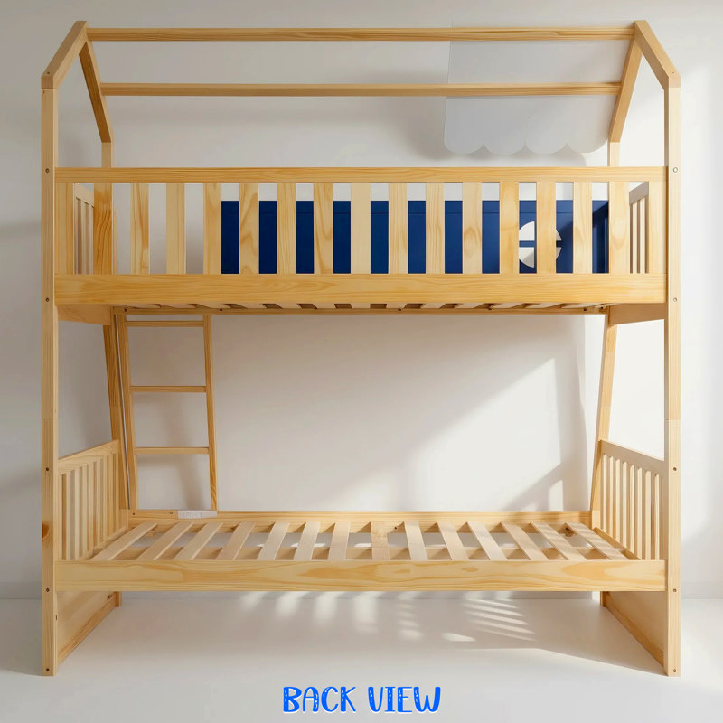 Twin Over Full Solid Wood House Bed for Kids With Drawers And Guardrail, Night Sky Inspired Design, Natural/Navy Blue/White