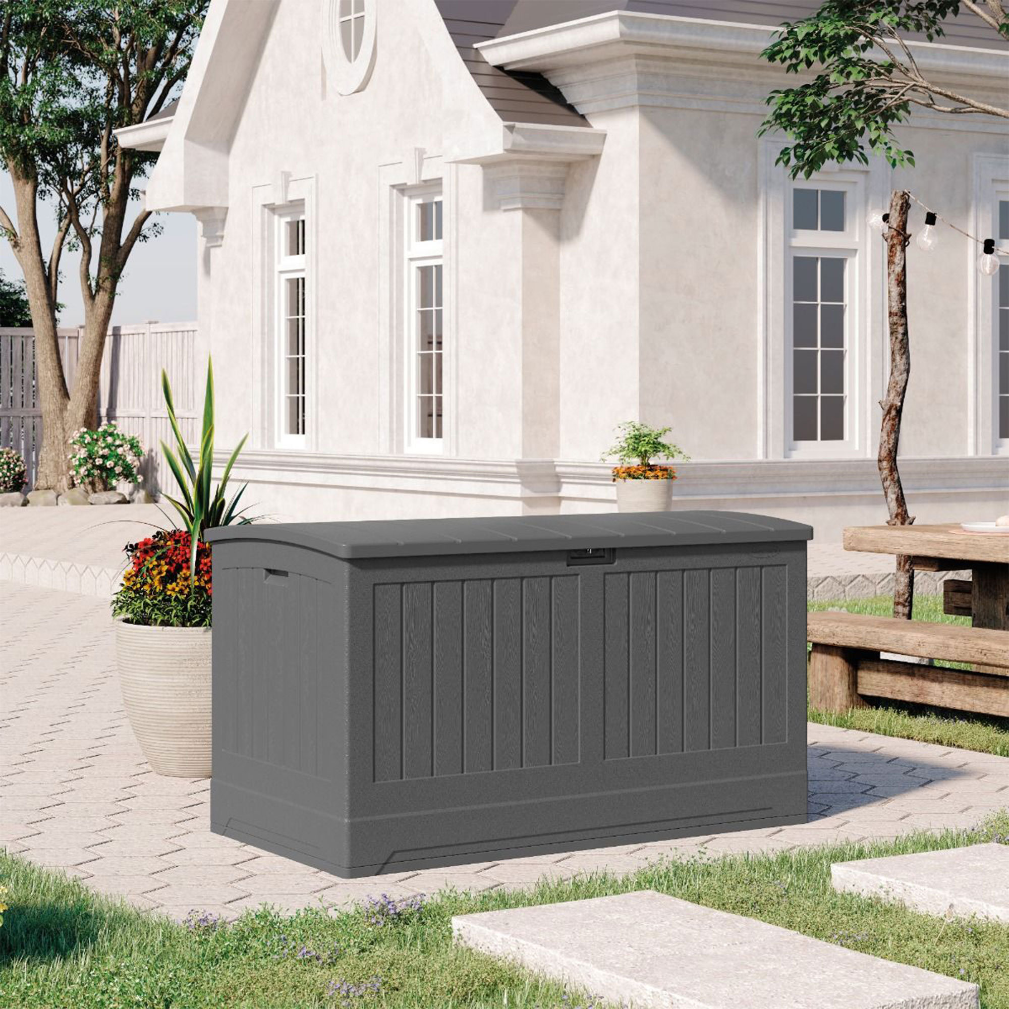  YITAHOME 100 Gallon Large Resin Deck Box Outdoor Storage with  Cushion for Patio Furniture, Outdoor Cushions, Garden Tools and Pool  Supplies-Waterproof,Lockable (Dark Grey) : Patio, Lawn & Garden
