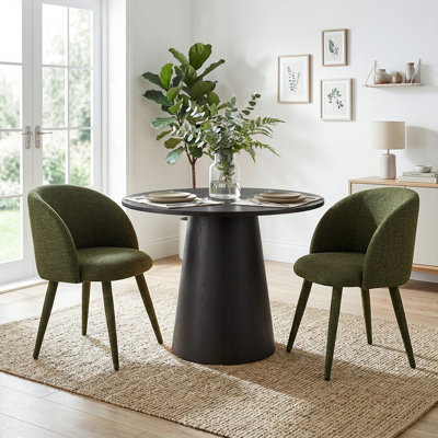 35" Modern Round Pedestal Dining Table Set With 2 Upholstered Arm Dining Chairs