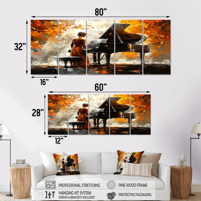 «Orange Pianist On Stage Performance III - Music Piano», ensemble d'art sur toile, H 28 po x l 60 po