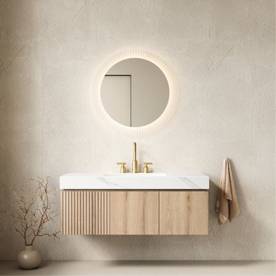 Meuble-lavabo de 48 po avec comptoir en pierre frittée blanche, lavabo en céramique encastré avec 3 trous de robinet standard, tiroir d'armoire flottant en contreplaqué et système de fermeture en douceur, finition en chêne avec plateau