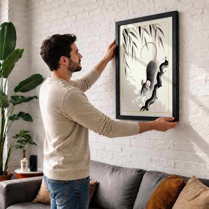 Squirrels Among Willow Japandi - Framed Print, Walnut, A3 - 42.0 x 29.7 cm