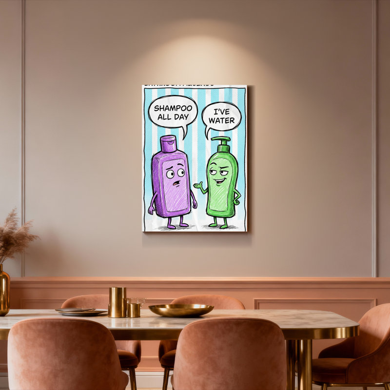 Bathroom Musing Shampoo And Water Bottle Cartoon Canvas Wrapped Wall Art Humorous Bathroom Decor Print, 18" H x 12" W