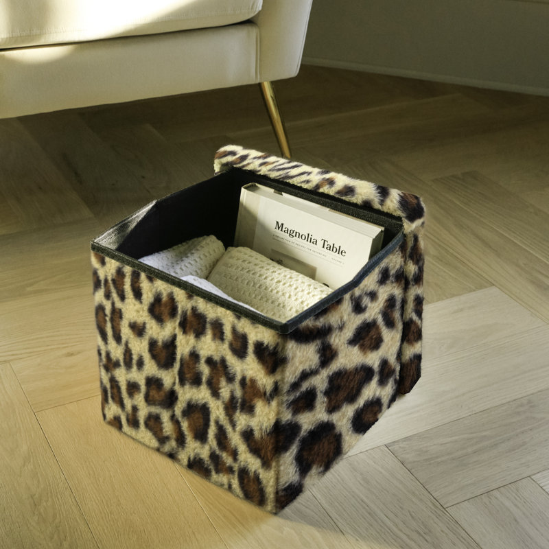 Go-Poufs Knock-Down Small Cube Faux Fur Storage Ottoman |12"x12"x12", Leopard 