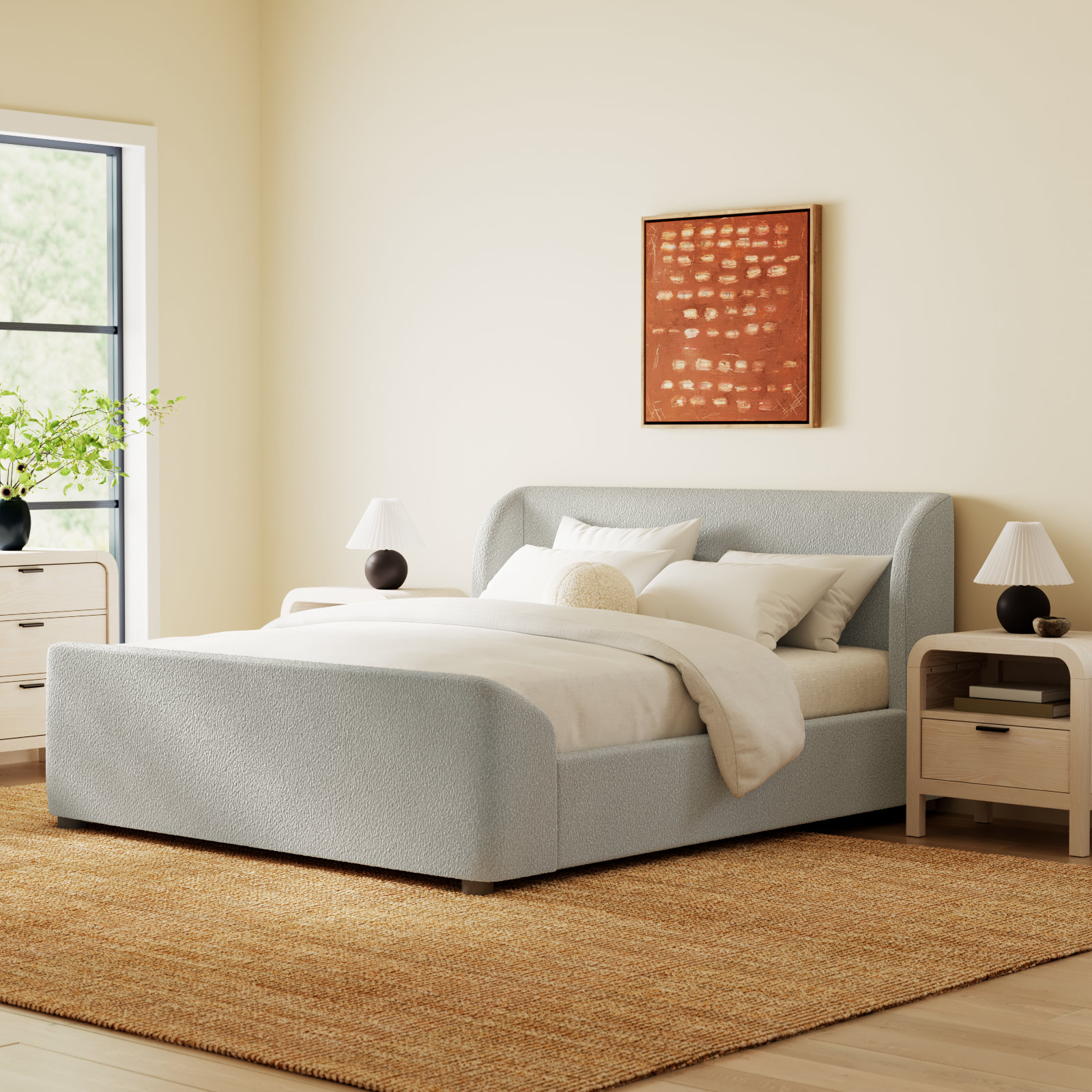 Kris Upholstered Platform Bed, California King, White Boucle